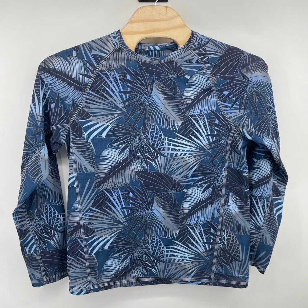 Tommy Bahama IslandActive Rash Guard Mens M‎ Blue Tropical Leaf Print Swim Top